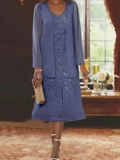 Robe de mère conçue décolleté manches longues deux pièces paillettes robes d'invité pour mariage