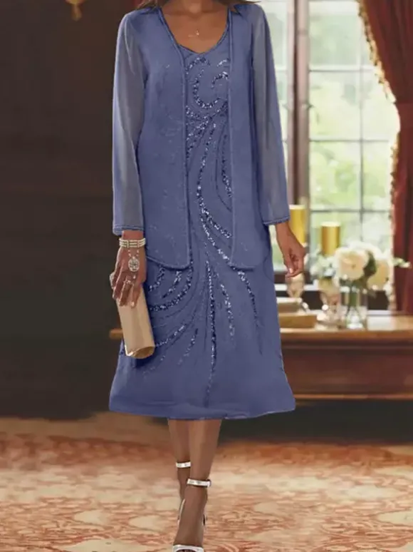 Robe de mère conçue décolleté manches longues deux pièces paillettes robes d'invité pour mariage