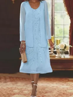 Robe de mère conçue décolleté manches longues deux pièces paillettes robes d'invité pour mariage