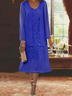 Robe de mère conçue décolleté manches longues deux pièces paillettes robes d'invité pour mariage