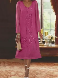 Robe de mère conçue décolleté manches longues deux pièces paillettes robes d'invité pour mariage