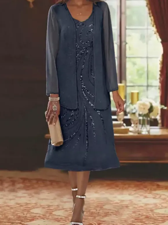 Robe de mère conçue décolleté manches longues deux pièces paillettes robes d'invité pour mariage