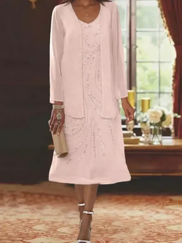 Robe de mère conçue décolleté manches longues deux pièces paillettes robes d'invité pour mariage