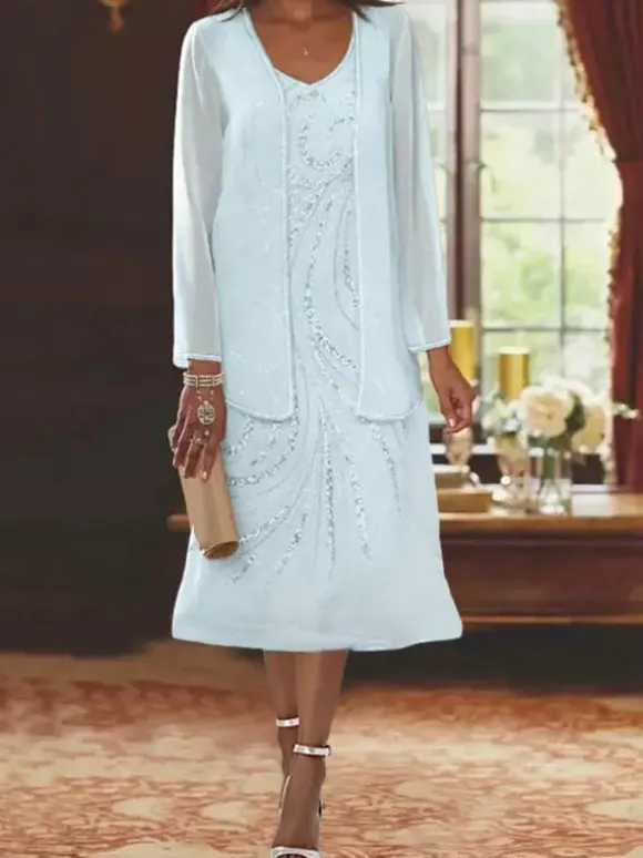 Robe de mère conçue décolleté manches longues deux pièces paillettes robes d'invité pour mariage