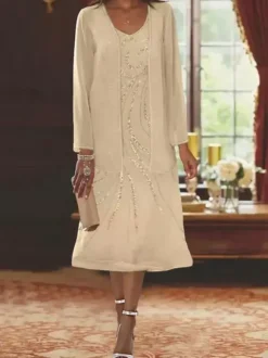 Robe de mère conçue décolleté manches longues deux pièces paillettes robes d'invité pour mariage