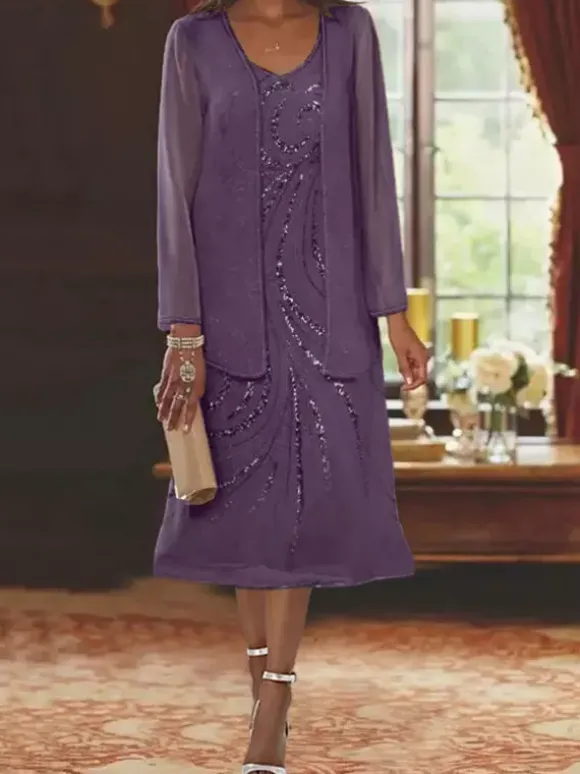 Robe de mère conçue décolleté manches longues deux pièces paillettes robes d'invité pour mariage