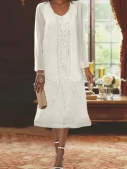 Robe de mère conçue décolleté manches longues deux pièces paillettes robes d'invité pour mariage