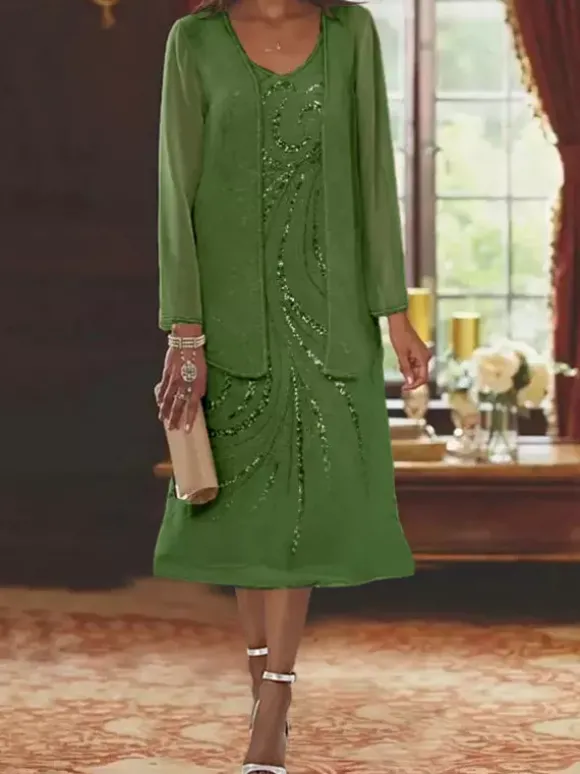 Robe de mère conçue décolleté manches longues deux pièces paillettes robes d'invité pour mariage