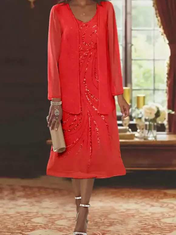 Robe de mère conçue décolleté manches longues deux pièces paillettes robes d'invité pour mariage