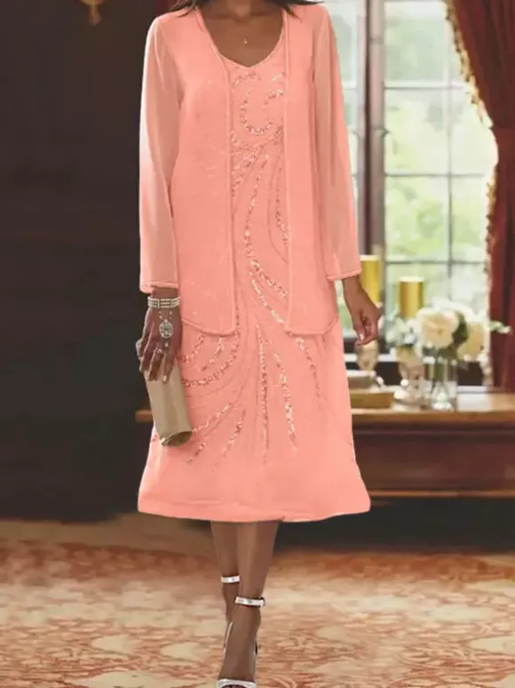 Robe de mère conçue décolleté manches longues deux pièces paillettes robes d'invité pour mariage
