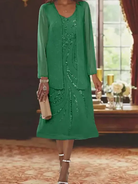 Robe de mère conçue décolleté manches longues deux pièces paillettes robes d'invité pour mariage