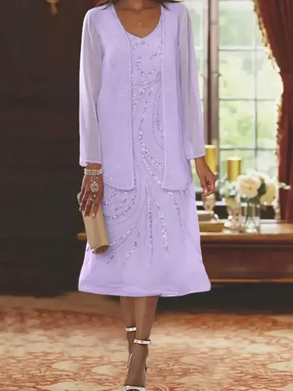 Robe de mère conçue décolleté manches longues deux pièces paillettes robes d'invité pour mariage