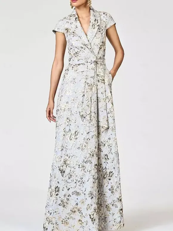 Robe de mère décolleté travaillé manches courtes coupe trapèze ceinture robe d'invitée de mariage
