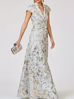 Robe de mère décolleté travaillé manches courtes coupe trapèze ceinture robe d'invitée de mariage