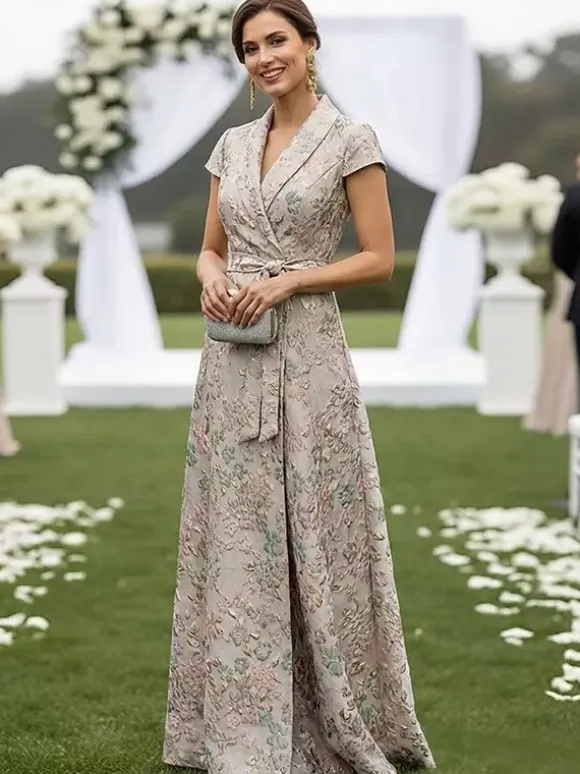 Robe de mère décolleté travaillé manches courtes coupe trapèze ceinture robe d'invitée de mariage