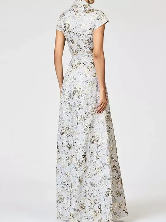 Robe de mère décolleté travaillé manches courtes coupe trapèze ceinture robe d'invitée de mariage