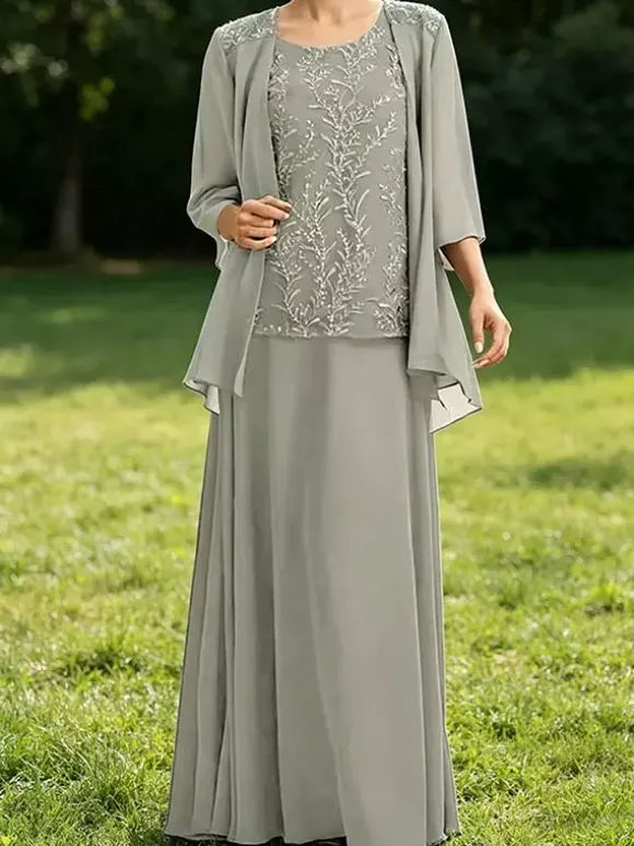 Robe de mère de la mariée col bijou manches 3/4 dentelle robe d'invitée pour un mariage