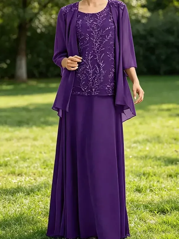 Robe de mère de la mariée col bijou manches 3/4 dentelle robe d'invitée pour un mariage