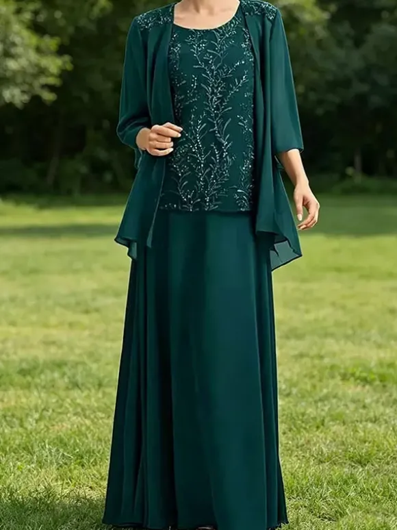 Robe de mère de la mariée col bijou manches 3/4 dentelle robe d'invitée pour un mariage