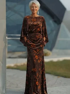 Robe de mère de la mariée col bijou manches 3/4 robe de bal plissée robe d'invitée de mariage