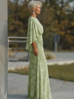 Robe de mère de la mariée col bijou manches 3/4 robe de bal plissée robe d'invitée de mariage