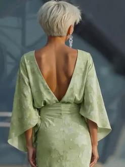 Robe de mère de la mariée col bijou manches 3/4 robe de bal plissée robe d'invitée de mariage
