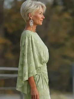 Robe de mère de la mariée col bijou manches 3/4 robe de bal plissée robe d'invitée de mariage