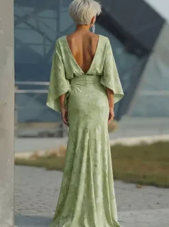 Robe de mère de la mariée col bijou manches 3/4 robe de bal plissée robe d'invitée de mariage