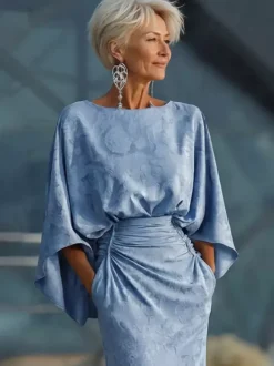 Robe de mère de la mariée col bijou manches 3/4 robe de bal plissée robe d'invitée de mariage