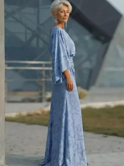 Robe de mère de la mariée col bijou manches 3/4 robe de bal plissée robe d'invitée de mariage