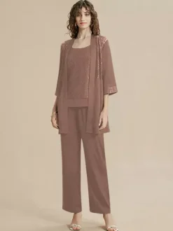 Robe de mère de la mariée col bijou manches 3/4 dentelle longueur cheville pour invitée de mariage