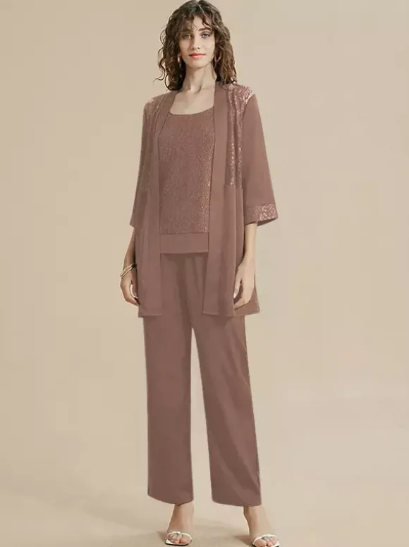 Robe de mère de la mariée col bijou manches 3/4 dentelle longueur cheville pour invitée de mariage