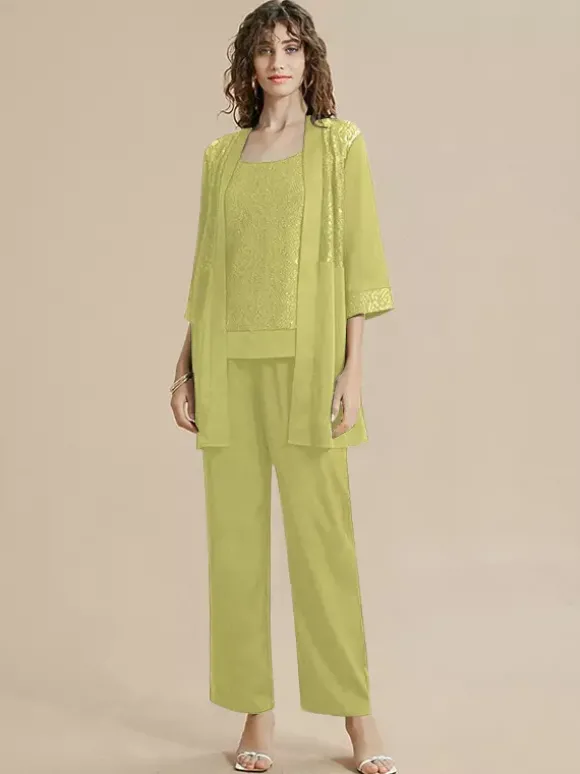 Robe de mère de la mariée col bijou manches 3/4 dentelle longueur cheville pour invitée de mariage