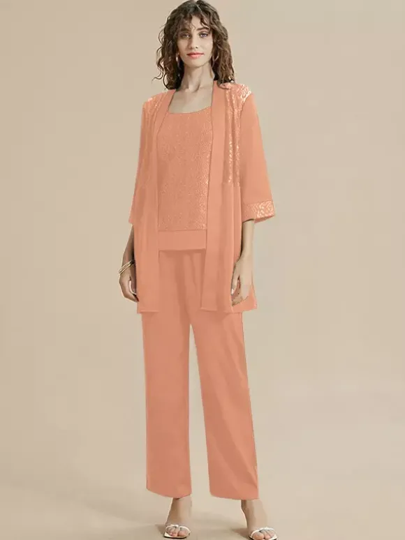 Robe de mère de la mariée col bijou manches 3/4 dentelle longueur cheville pour invitée de mariage