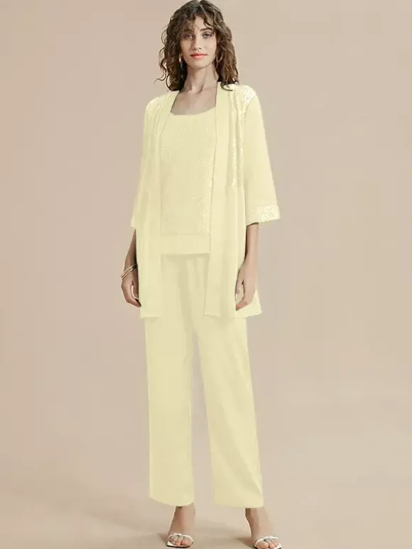 Robe de mère de la mariée col bijou manches 3/4 dentelle longueur cheville pour invitée de mariage