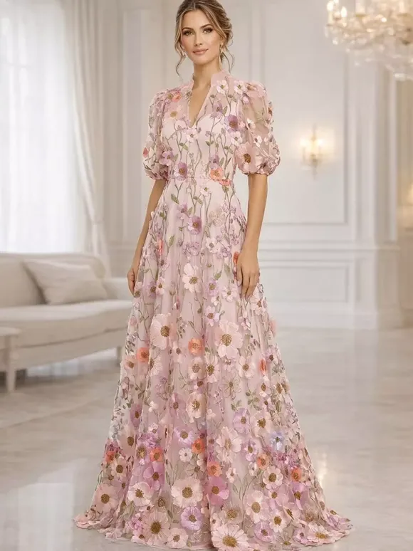 Robe de mère de la mariée col V manches courtes coupe trapèze à fleurs robe d'invitée pour mariage