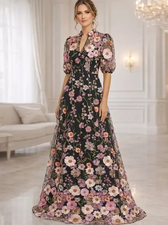 Robe de mère de la mariée col V manches courtes coupe trapèze à fleurs robe d'invitée pour mariage