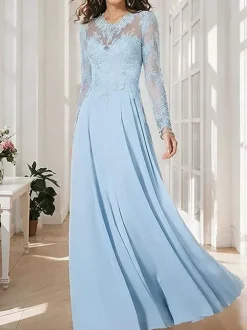 Robe de mère de la mariée décolleté illusion manches longues coupe trapèze ornée d'appliqués robe d'invitée de mariage