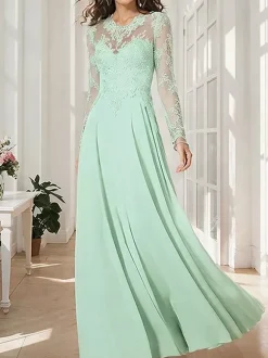 Robe de mère de la mariée décolleté illusion manches longues coupe trapèze ornée d'appliqués robe d'invitée de mariage