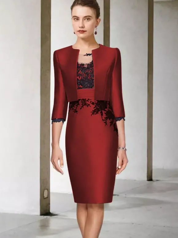 Robe de mère de mariée 2 pièces robe col rond manche longue zip sur dos avec manteau