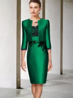 Robe de mère de mariée 2 pièces robe col rond manche longue zip sur dos avec manteau