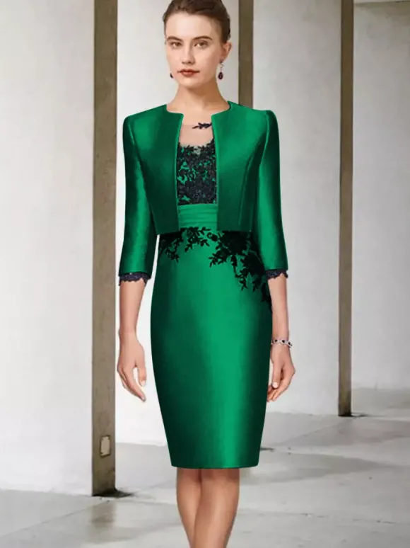 Robe de mère de mariée 2 pièces robe col rond manche longue zip sur dos avec manteau
