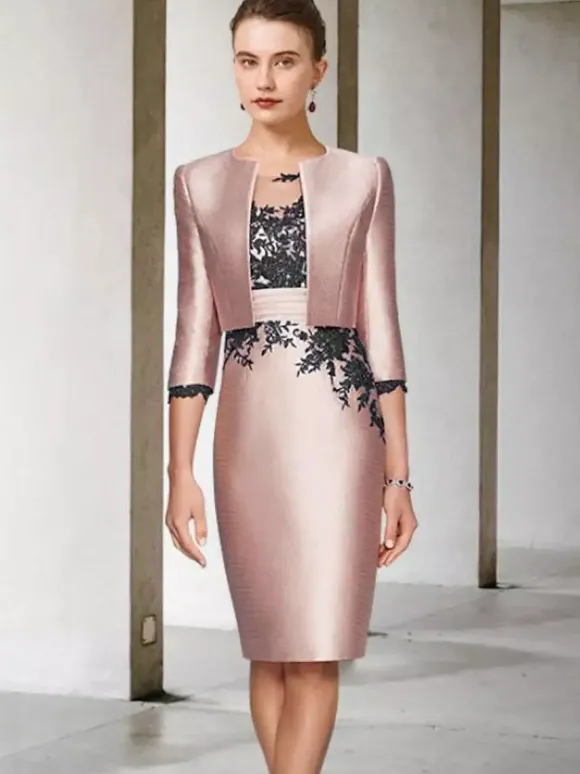 Robe de mère de mariée 2 pièces robe col rond manche longue zip sur dos avec manteau