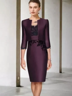 Robe de mère de mariée 2 pièces robe col rond manche longue zip sur dos avec manteau