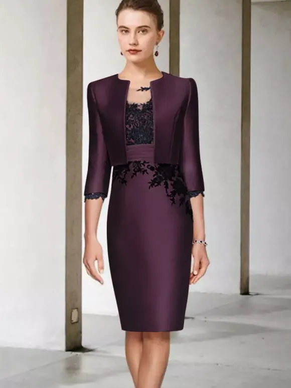 Robe de mère de mariée 2 pièces robe col rond manche longue zip sur dos avec manteau