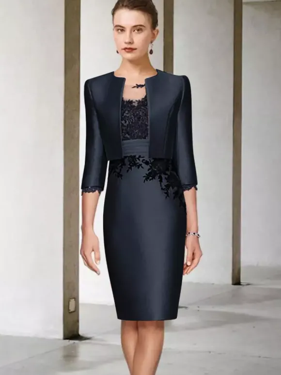 Robe de mère de mariée 2 pièces robe col rond manche longue zip sur dos avec manteau