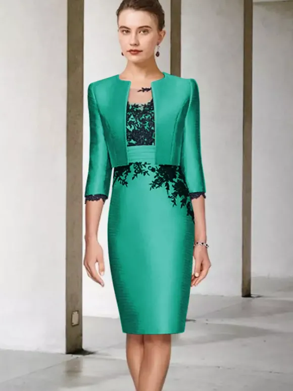 Robe de mère de mariée 2 pièces robe col rond manche longue zip sur dos avec manteau