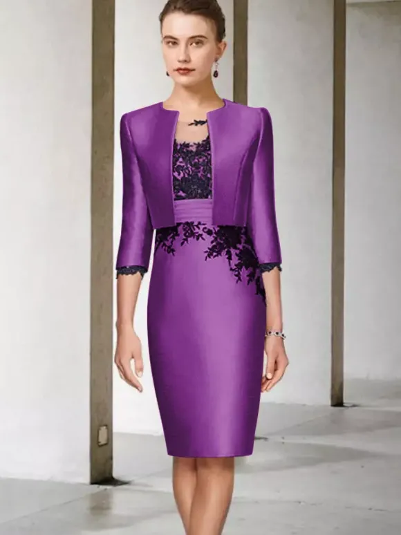 Robe de mère de mariée 2 pièces robe col rond manche longue zip sur dos avec manteau