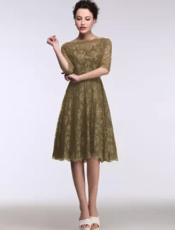Robe de mère de mariée bleue en dentelle col bateau demie-manche longueur genou Robe d'invitée de mariage