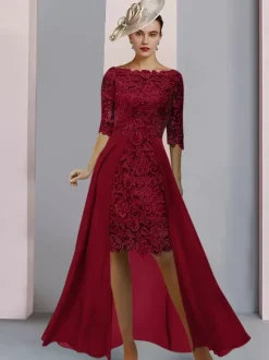 Robe de mère de mariée col bateau demie-manche en dentelle robe d'invitée mariage
